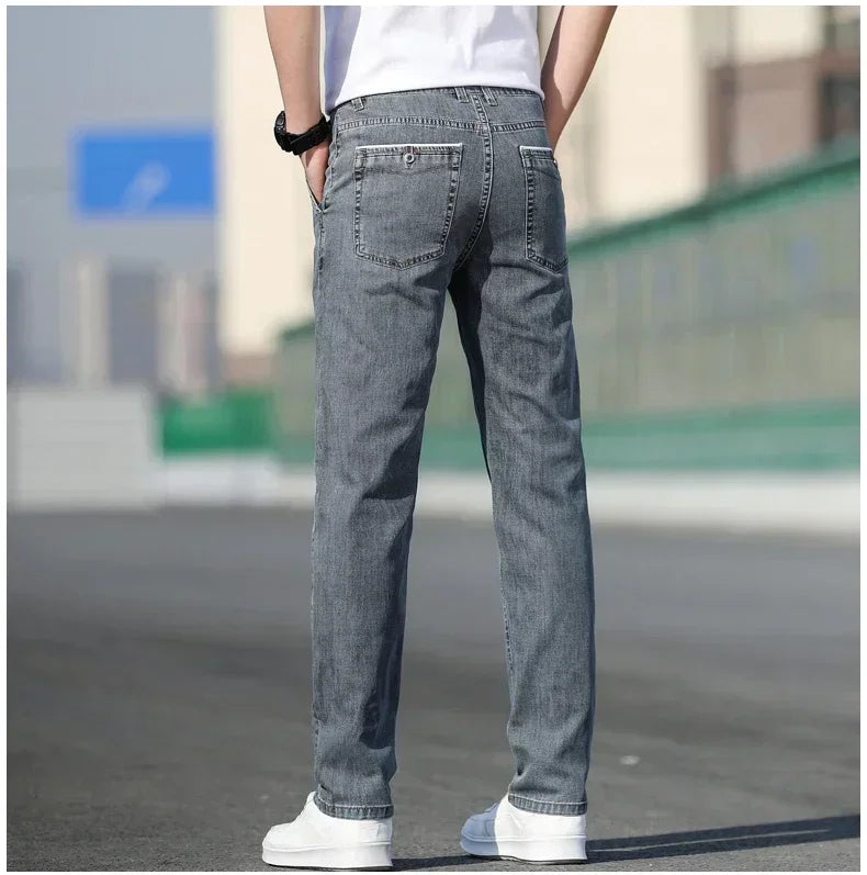 2025 Summer New Men's Loose Gray Jeans Fashion Casual Stretch Straight-leg Denim Pants Male Light Blue Men's Trousers
