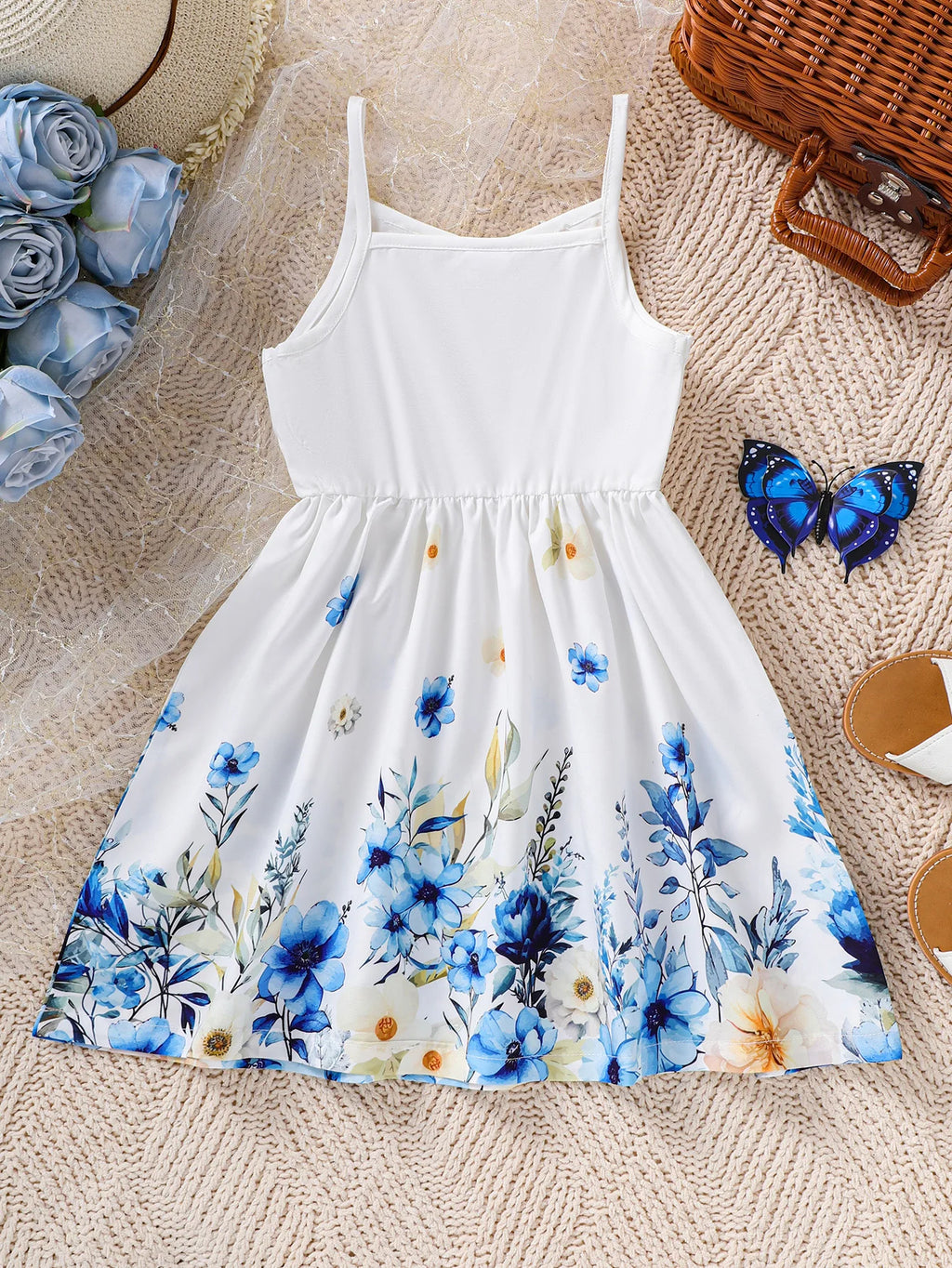 Kids Girl Summer New Sling Dress Flower Print Suspenders Dresses Daily Comfortable Casual Clothing for Children Girl 4-7 Years
