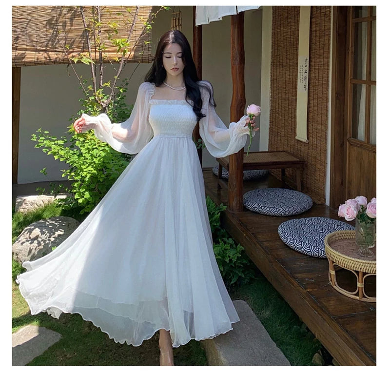 Horetong Elegant Maxi Dresses For Women White Off Shoulder Puff Long Sleeve Elastic High Waist Party Gown Ruffle Holiday Dress