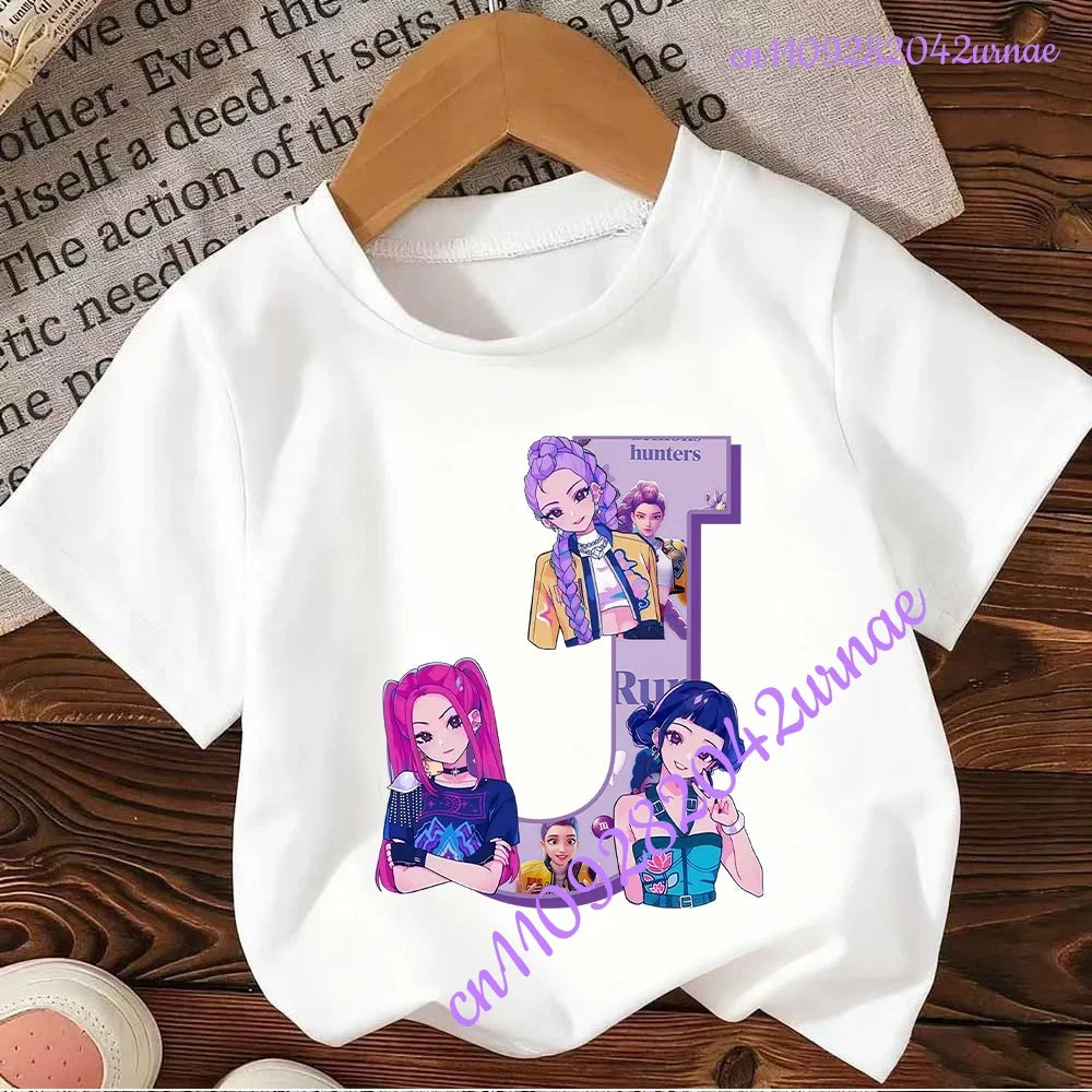 Kpop Demon Hunters Letter A-Z T-shirt Kawaii Rumy Birthday Tops Party Wear Girls Tee Summer Short Sleeve Cotton Kid Clothes