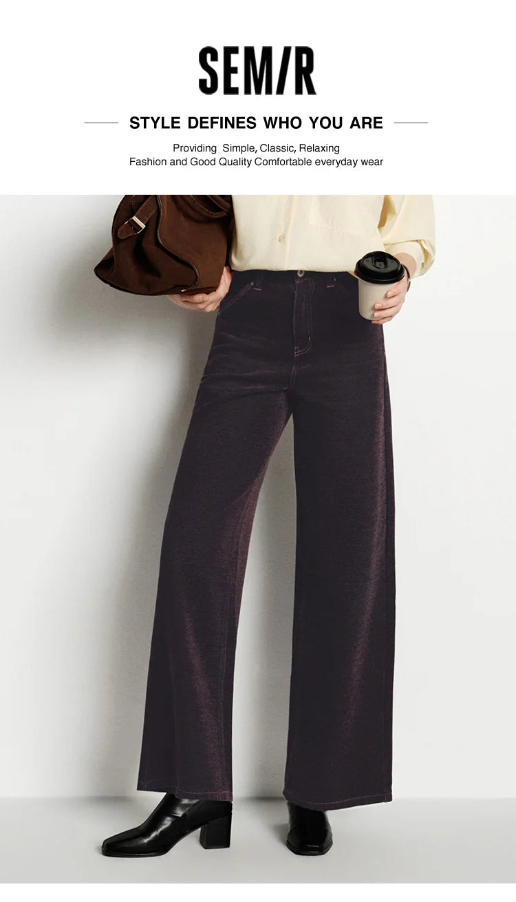 Semir Jeans Women Maillard Flocked Long Pants Cool Style 2025 New Winter Fleece Lined Loose Wide Leg Retro Women's Clothing