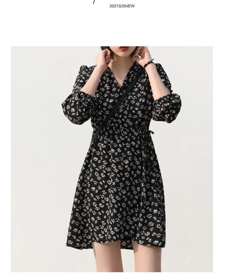 CHIC VEN New Women Dresses Long Sleeved Retro V-neck Black Floral Female Dress Elastic Waisted Lace Up Spring Summer 2026
