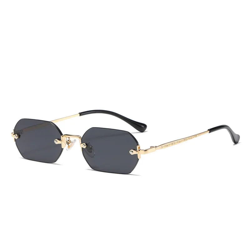 Rimless Rectangle Sunglasses Small Men Glasses Women Metal Gold Polygon Blue Shades 2024 UV400 Frameless