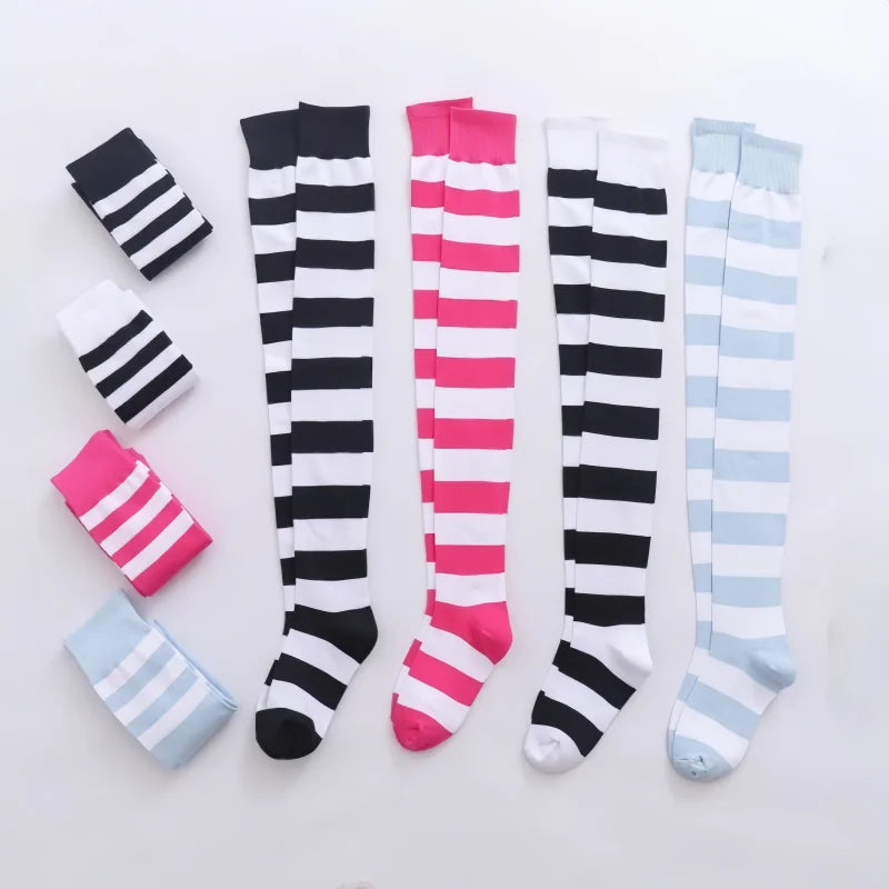 2 Pairs Women's Over The Knee Socks Cotton Thigh High Socks Black White Blue Colorful Striped Pattern Fashion Casual Daily Wear