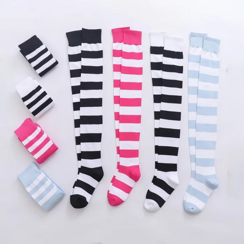 2 Pairs Women's Over The Knee Socks Cotton Thigh High Socks Black White Blue Colorful Striped Pattern Fashion Casual Daily Wear