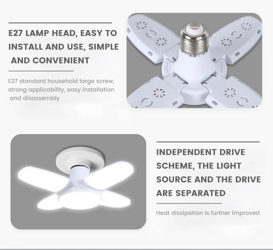 E27 Fan Shape Foldable LED Bulb AC220V/110V Deformation for Home Ceiling Light Warehouse and Garage White Light6500K Bulb