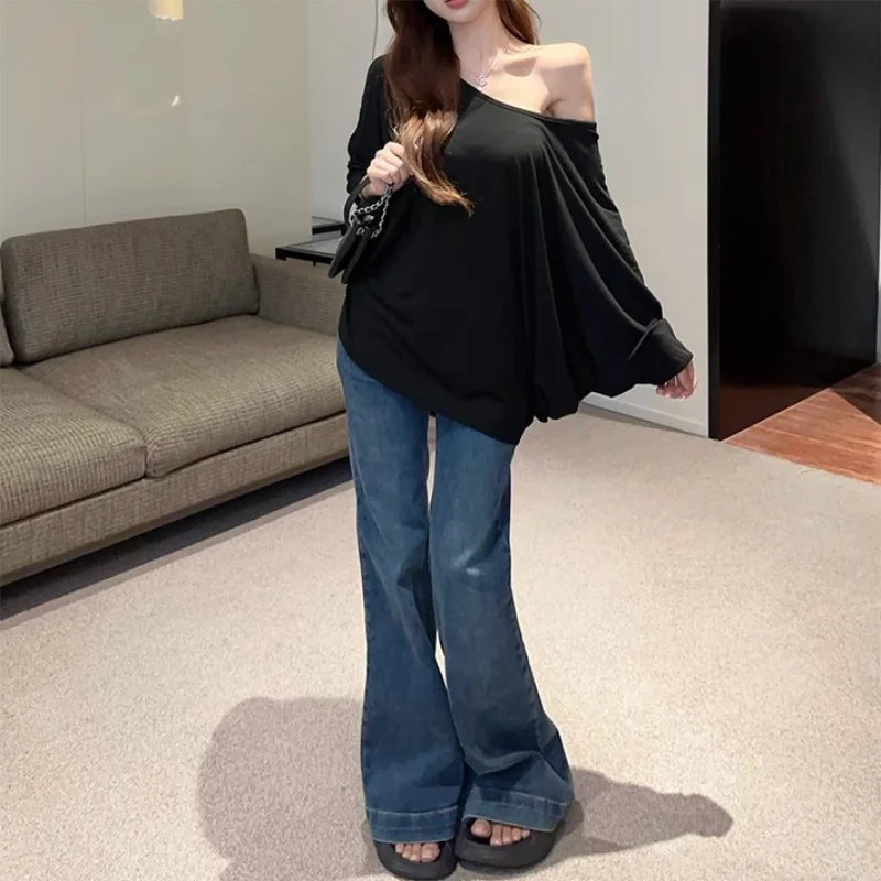Solid Oversized T-shirt for Women's Casual Loose Top Fashion Bat Sleeves Simple Sexy Off Shoulder Korean Baggy T shirts Autumn