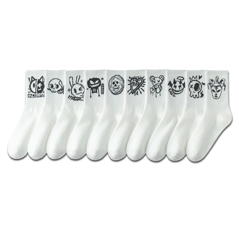 10 pairs of funny little devil pattern socks, casual and personalized, black and white colors suitable for various trendy occasi