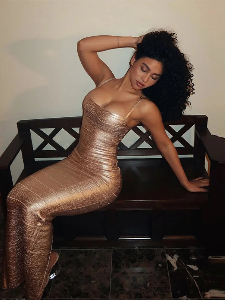 Metallic Shimmer Spaghetti Strap Sweetheart Neck Maxi Dress Bodycon Bandage For Women Night Out Party And Evening Wear