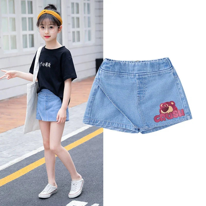 Kids Clothes Elastic Waist Fake Skirt Denim Shorts Jeans for Girls 3-12 Years -Minnie Kuromi Strawberry Bear Printed‌ Fake Skirt