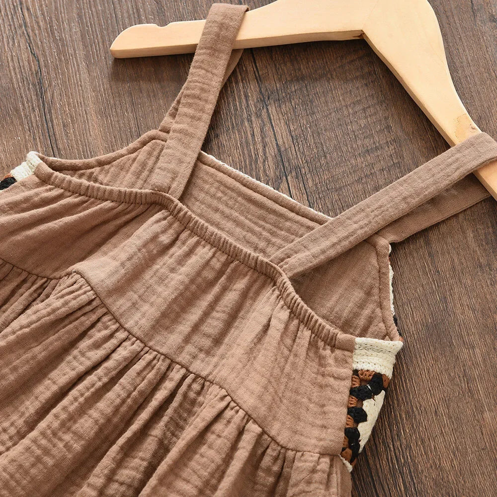 Bear Leader Girls Suit Summer Brown Retro Printed Plaid Camisole Top + Beige Pants Sweet Two-piece Set 3-7 Years Old