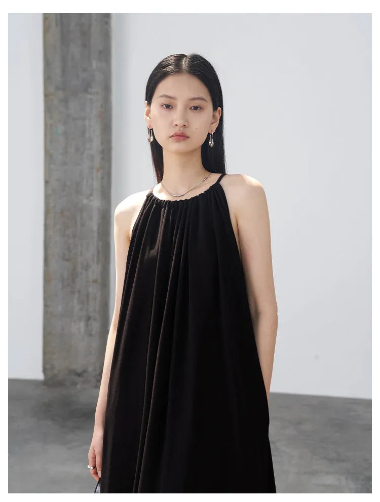 CHIC VEN Women Halter Dress A Line Solid Loose Casual Lace Up Black Sleeveless Holiday Female Long Dress Pullover Summer 2026
