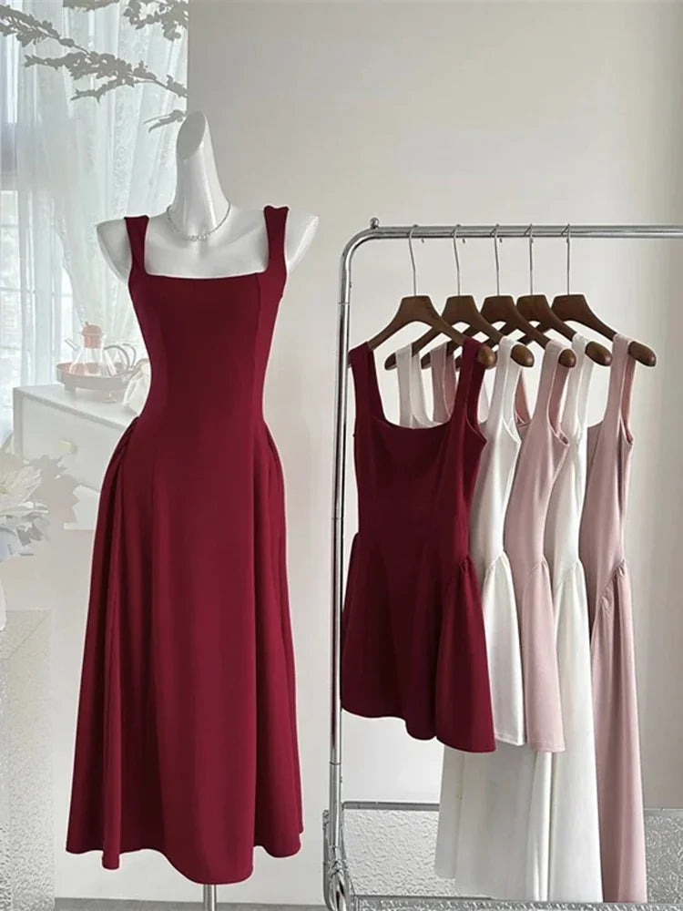 Elegant Korean Fashion Summer Evening Party Red U-neck Sling Dress Lady Casual High Waist Sleeveless Strap Mini Dress for Women