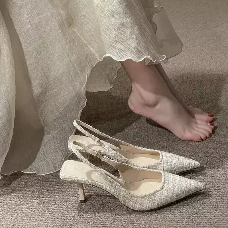 Fashion brand designed knitted platform heels for women, pointed-toe party shoes, comfortable large-size summer stiletto sandals
