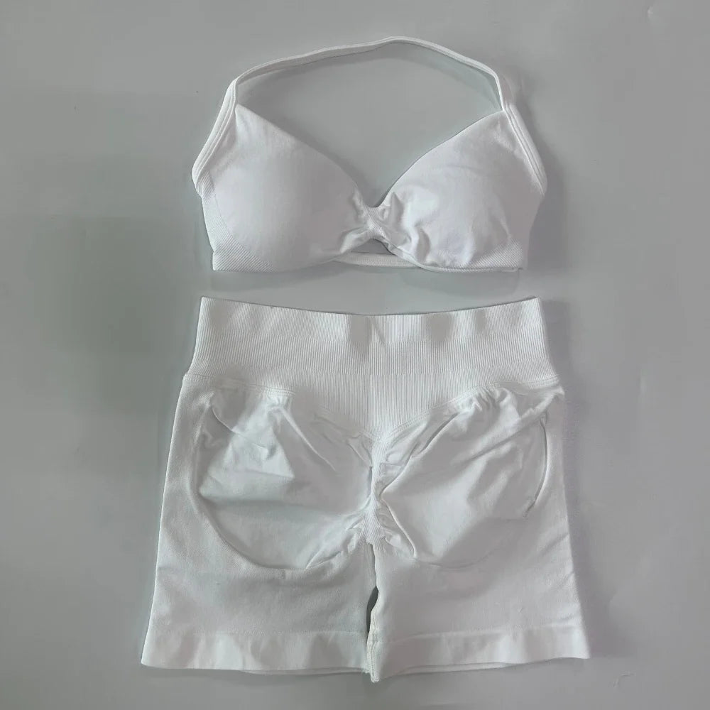 NO LOGO 2PCS Gym Set Women Strappy Yoga Bra Top High Waist Workout Scrunch Shorts Sports Suit Seamless Yoga Set Fitness Clothes