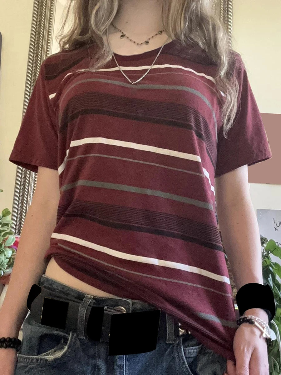 Womens Y2k Grunge Shirts Striped Baggy Crew Neck Short Sleeves Emo Tops 2000s Harajuku Vintage Teen Girls Goth Clothes