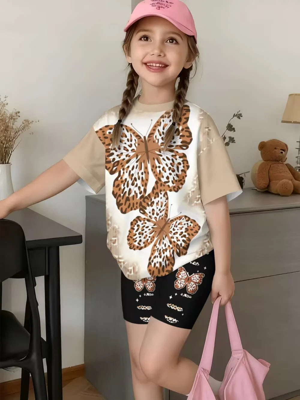 2-Piece Summer Children's Comfortable Cute Butterfly 3D Print Short Sleeve Shorts Set for Boys and Girls Casual Home Outdoor Set