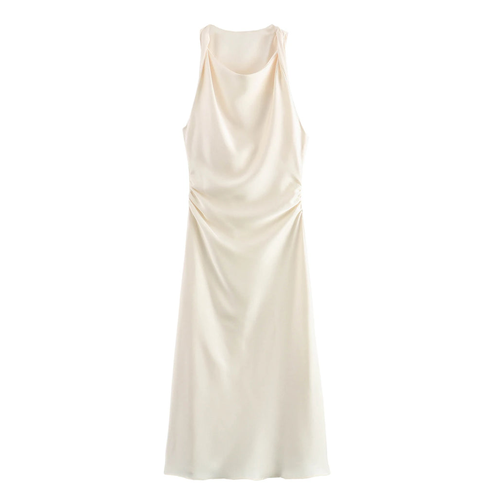 XNWMNZ 2024 Women's Fashion Satin Midi Dress Women High Street O Neck twisted armholes Waist Gathered Fit female Midi Dresses