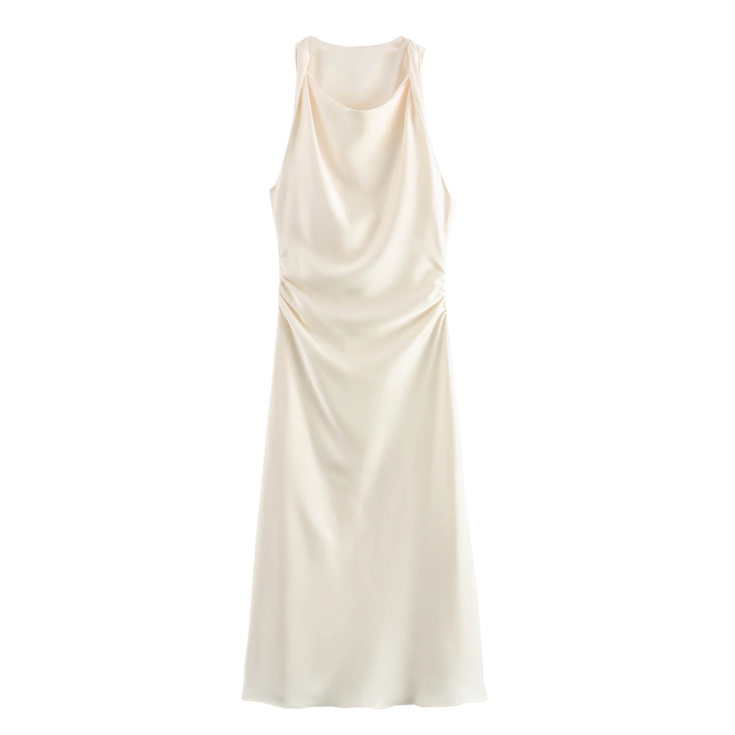 XNWMNZ 2024 Women's Fashion Satin Midi Dress Women High Street O Neck twisted armholes Waist Gathered Fit female Midi Dresses