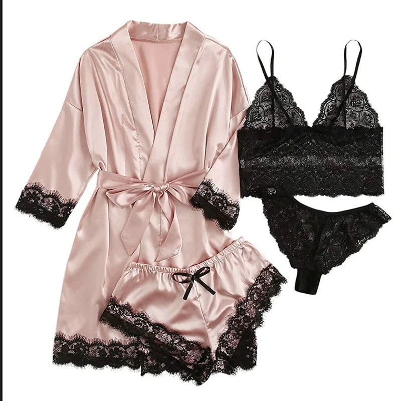 Women's Sexy Pajamas Nightgowns Lingerie Shorts 4-piece Lace Camisole Pajama Set Home Robe Nightgowns Leisure wear