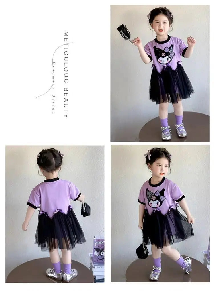 kuromi Princess Style Short Sleeve Dress for Girls Baby Mesh Skirt Summer New Arrival Children's Clothing Casual Daily Skirt