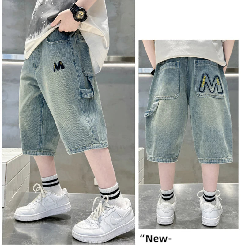 New Summer Teen Boys Shorts Jeans Fashion Letter M Embroidery Short Denim Pants For 4-14 Years Kids Children Trousers
