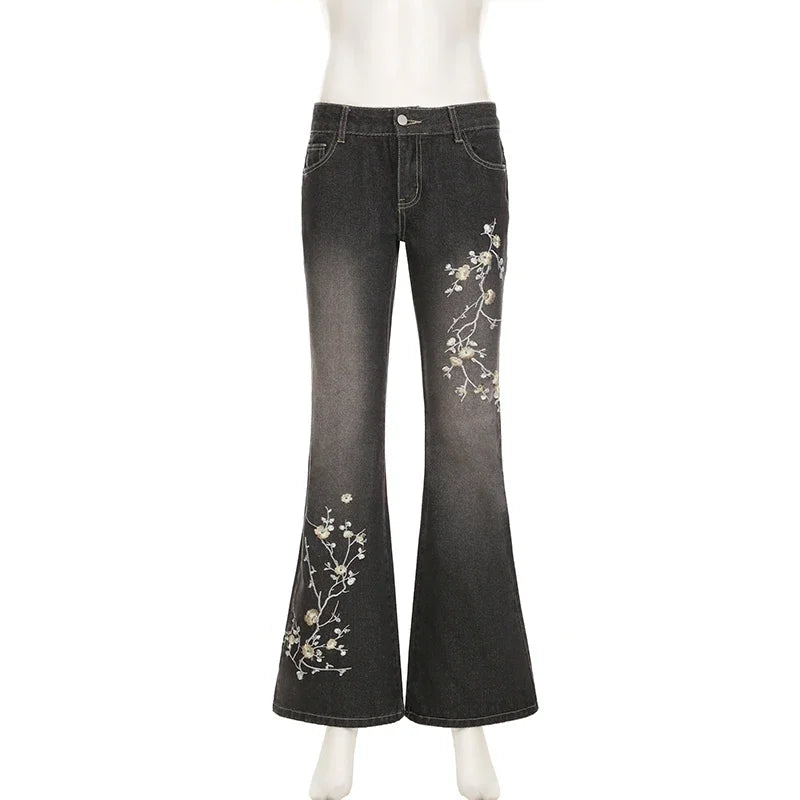 Weekeep Floral Embroidery Jeans Vintage 2000s Low Rise Flared Jeans Women Retro y2k Baggy Denim Pants High Street Basic Trousers