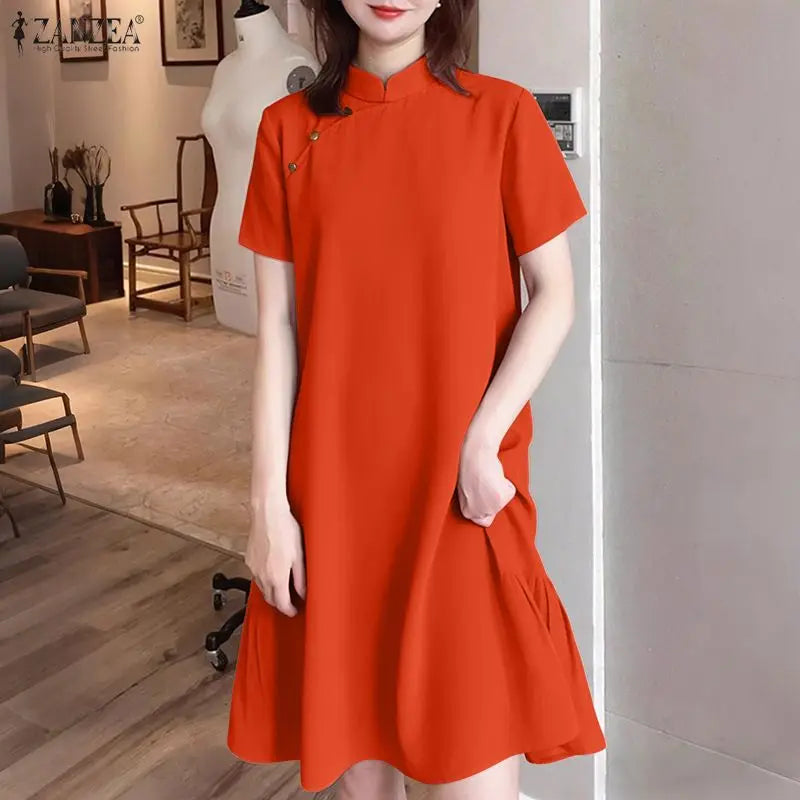 2026 ZANZEA Fashion Women Short Sleeve Shirt Dresses Stand Collar Solid Knee-Length Casual Sundress Summer Office Lady Vestidos