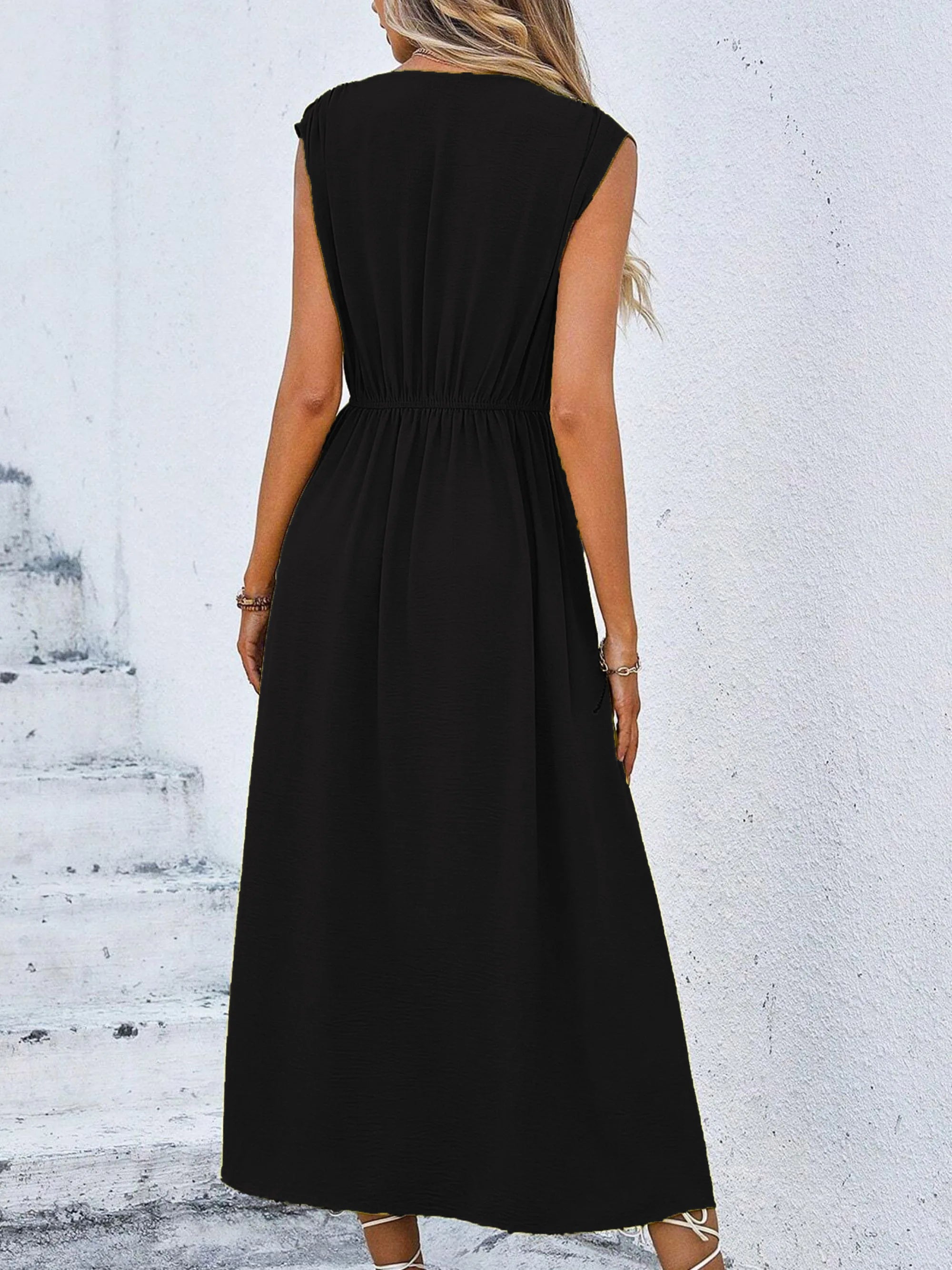 Women's Solid Color A-Line Dress Sleeveless Front Thin Straps Elegant Belted Midi Dress for Summer