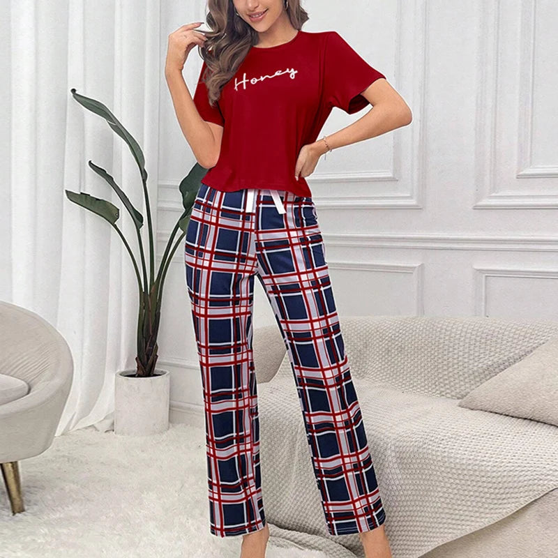 Heart & Letter Printed Womens Pajama Pj Set Soft Short Sleeve Tops & Elastic Waist Pants Pyjama Pijama Femme Casual Home Clothes