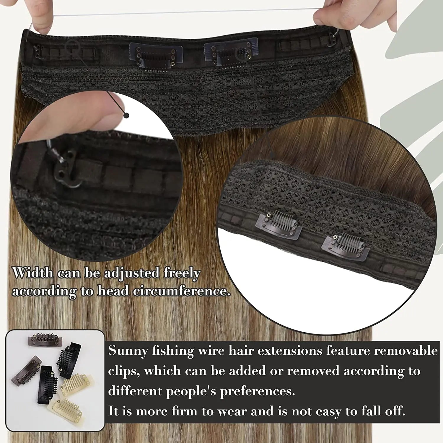 VeSunny Fish Line Human Hair Extension Wire Natural Hair One Piece Invisible Wire Hair Weft with 2 Clips Blonde Soft Remy Hair