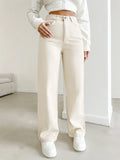 Women's autumn jeans, made of cotton denim, in a beige apricot color, straight-leg, slim fit, high-waisted, elastic waistband