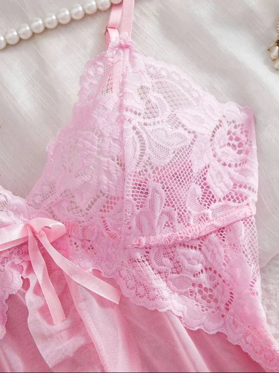A Set Pink Cute Women Sweet Nightdress And Panty Pijamas Suit Sleeveless Halter Nightgown Short Sets V-Neck Bra Thong Luxury Kit