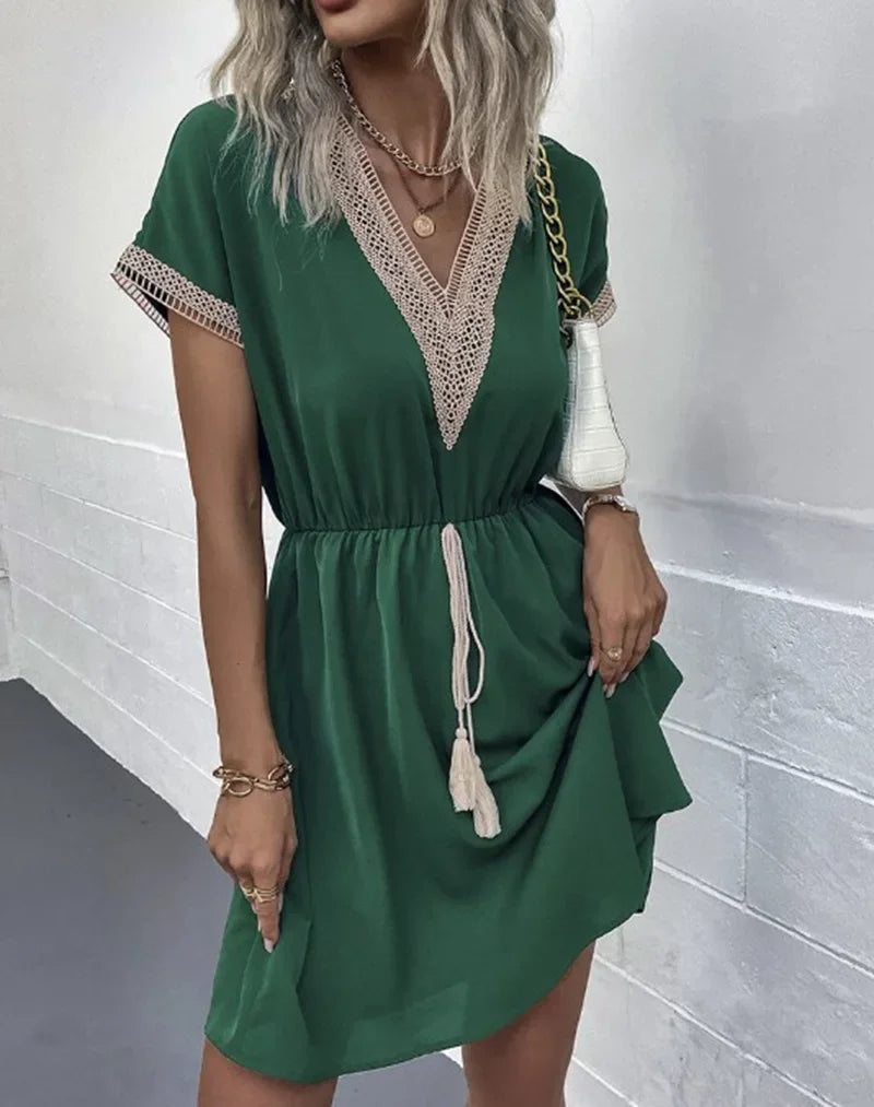 Summer Solid Short Sleeve Lace V Neck Waistband Female Beach Midi Short Dress Elegant Women's Sweet White Solid Color Dresses