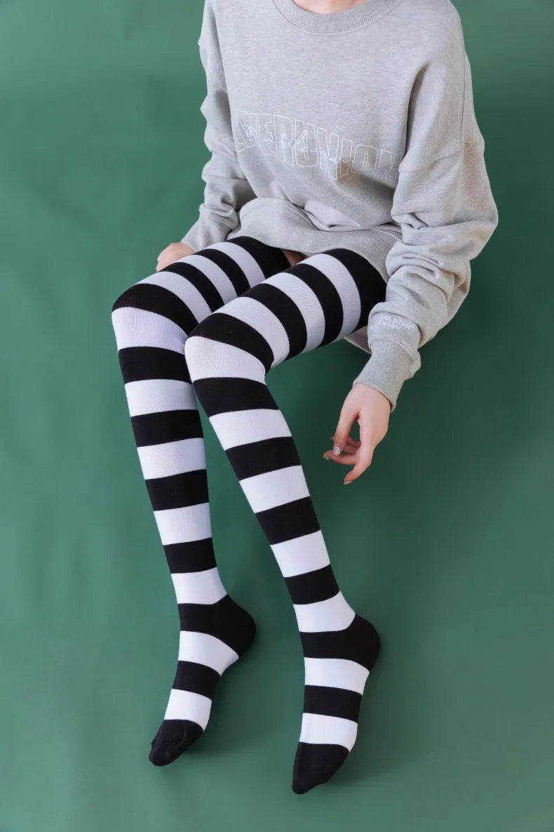 2 Pairs Women's Over The Knee Socks Cotton Thigh High Socks Black White Blue Colorful Striped Pattern Fashion Casual Daily Wear