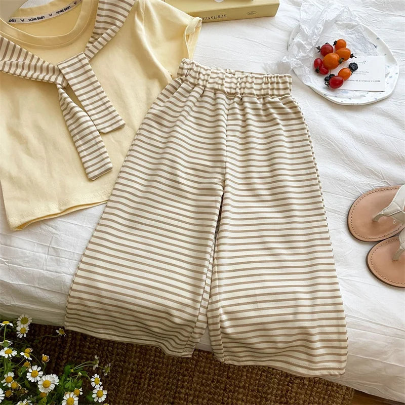 Girls Suit Summer Short-sleeved T-shirt With Stripes Shawls+Pants 2Pcs Outfits Kids Casual Clothes Children's Fashion Sets 1-12Y