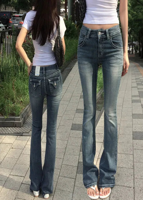 Gothic Buddha Head Womens Jeans Y2K Clothes Hip Hop Pocket Embroidery Vintage Blue Baggy Jeans Low Waist Wide Leg Trousers