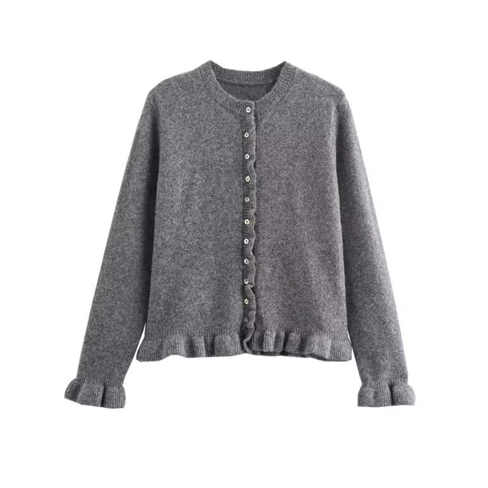 Women's Ruffled Knit Cardigan Sweater O-Neck Long Sleeve Chic Top with Front Buttons Fashion Outerwear