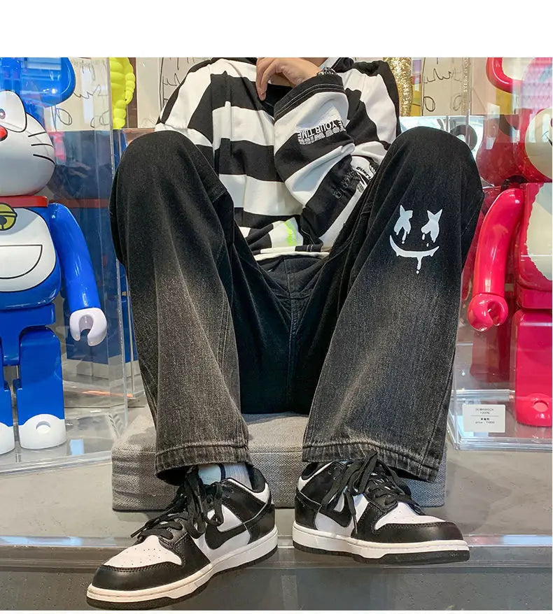 Harajuku Smile Print Baggy Pants Men Streetwear Wide Leg Oversize Jeans Vintage Y2k Straight Long Trousers Male 2024 Fashion