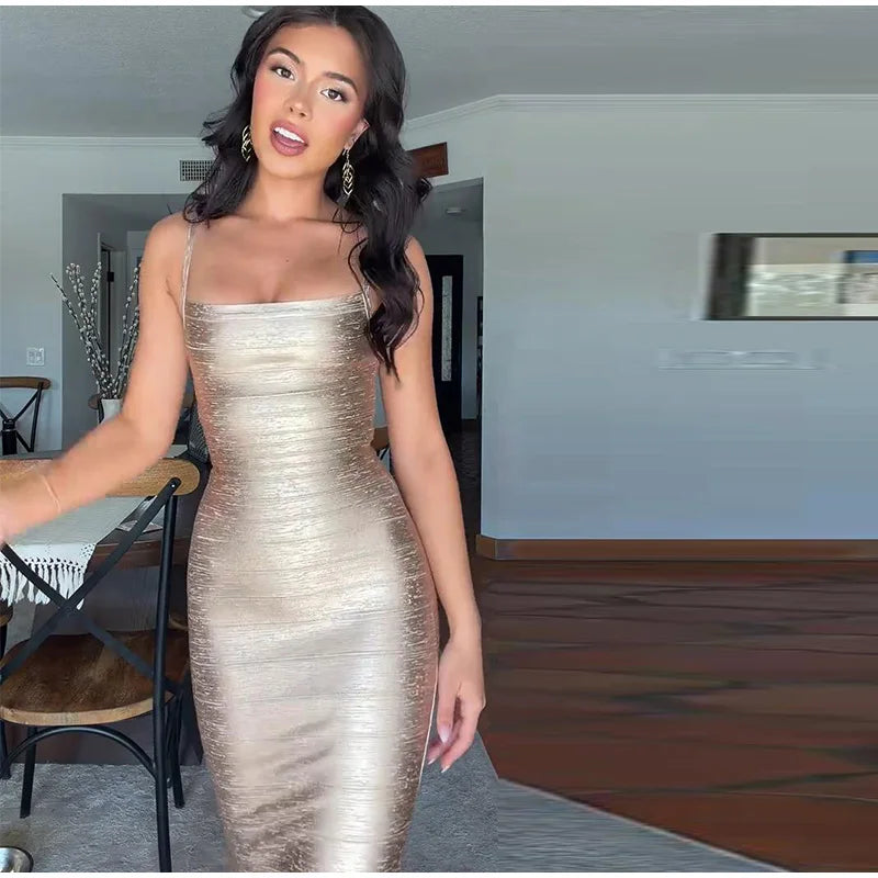 Metallic Shimmer Spaghetti Strap Sweetheart Neck Maxi Dress Bodycon Bandage For Women Night Out Party And Evening Wear