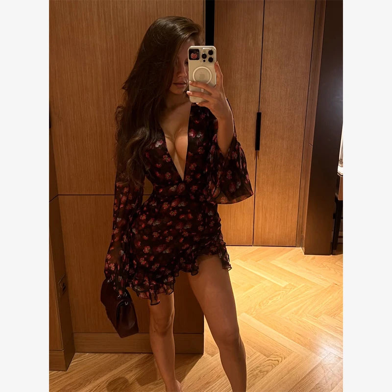Flora Painted Ruffle Mini Dress Women Elegant Full Sleeve Deep V-neck Slim A-line Dresses 2026 Lady Holiday Street Outwears New