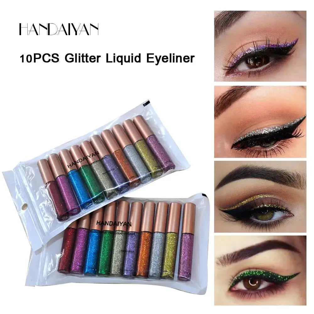 Long Lasting Glitter Eyeliner Kit 10 Vibrant Shades Metallic Sparkle Smudge Proof Easy Apply Eye Liner Makeup Set