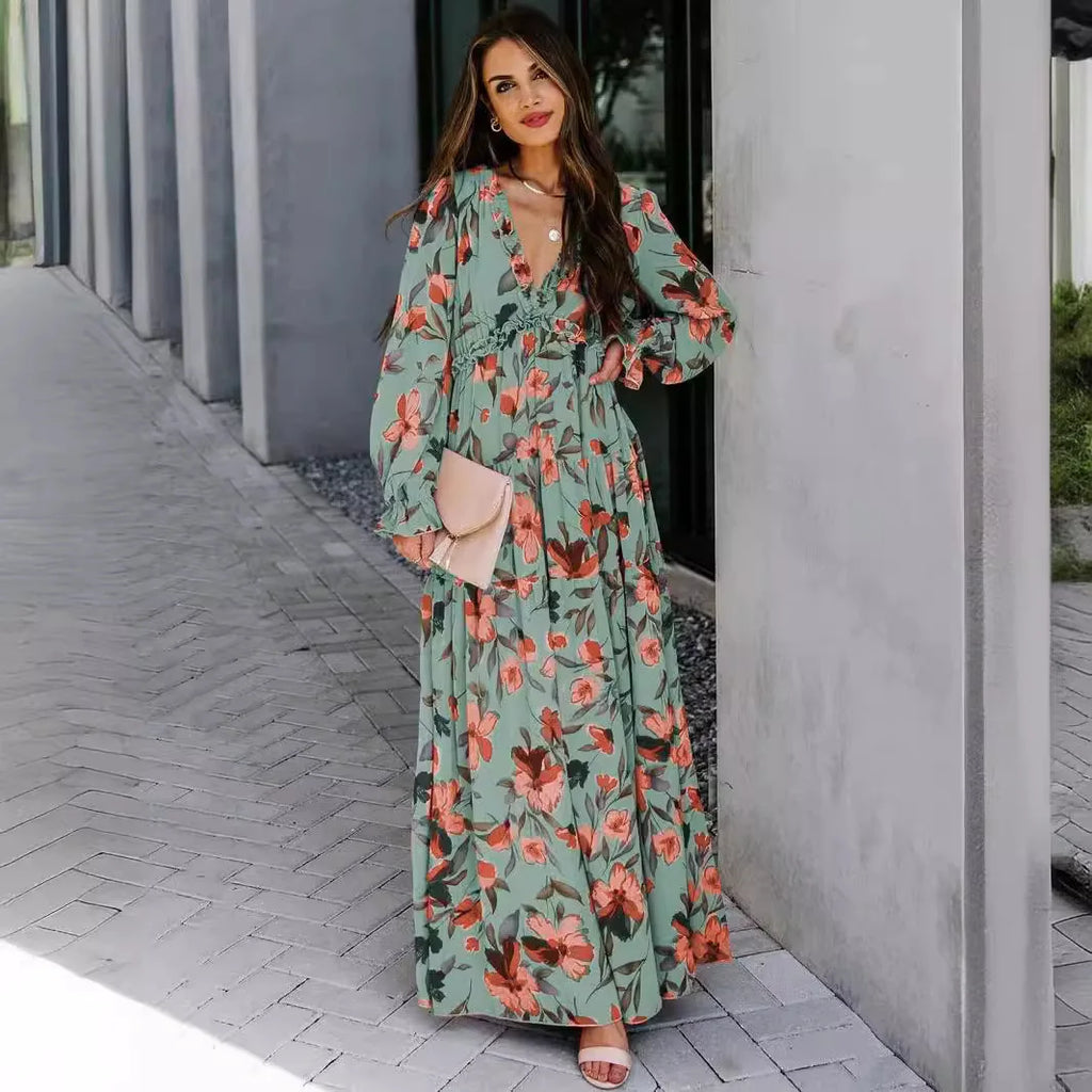 Elegant Floral Print Women Summer Casual Ruffle Layered Long Sleeved V-neck A Line Long Maxi Party Loose Boho Dresses