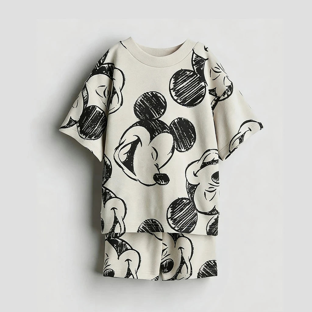 Disney Mickey Children's Sports Set Cartoon Fashion Loose Girl Baby Boy Short Sleeve Round Neck T-shirt+shorts Two Piece Set