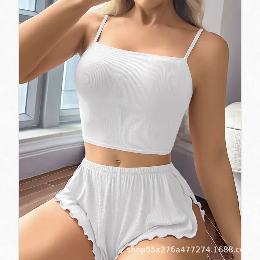 Ladies Pure Color Home Leisure Underwear Set Short Pants Top Thin Material Sleeveless Nightgown Comfortable Homewear Outfits