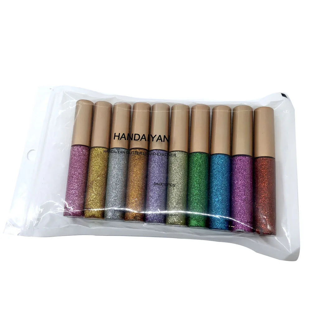 Long Lasting Glitter Eyeliner Kit 10 Vibrant Shades Metallic Sparkle Smudge Proof Easy Apply Eye Liner Makeup Set