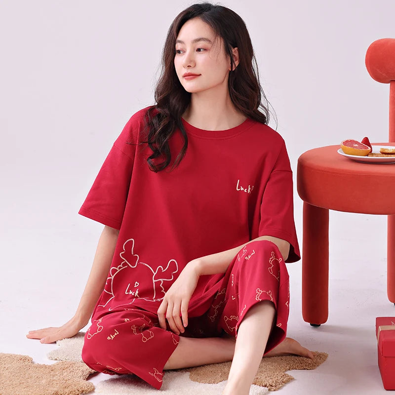Newest Summer Casual Pajamas Set Women 100% Cotton Sleepwear Female Short Top+Calf-Length Pant Pyjamas