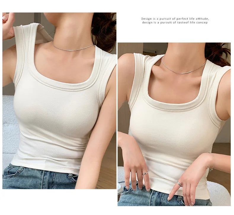 2026 New Wide Shoulder Strap Women's Vest with Chest Pad Summer All-match I-shaped Vest Slim Fit Base Top Fashion Outer Wear