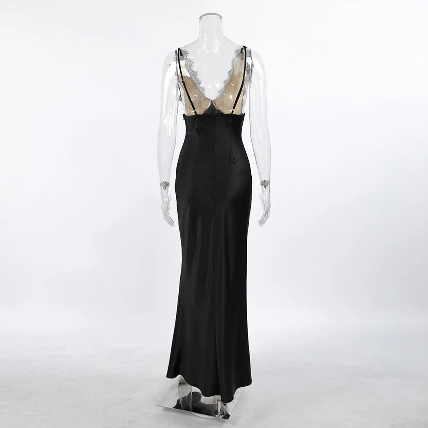 Tossy Lace V-Neck Printed Long Dress Women's Patchwork High Waist Slim Backless Summer 2026 New Dress Female Party Dress Gown