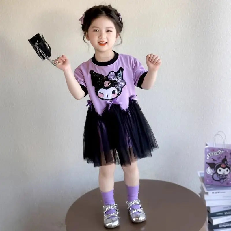 kuromi Princess Style Short Sleeve Dress for Girls Baby Mesh Skirt Summer New Arrival Children's Clothing Casual Daily Skirt